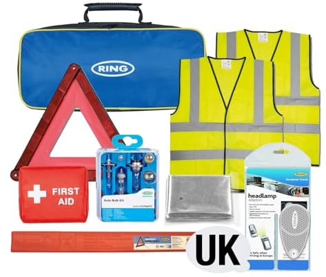 RING Essential European Travel Kit 2026, 8 Piece Kit | Includes High-Visibility Vests, Warning Triangle, First Aid Kit, Compact Carry Case, Complies with European Regulations