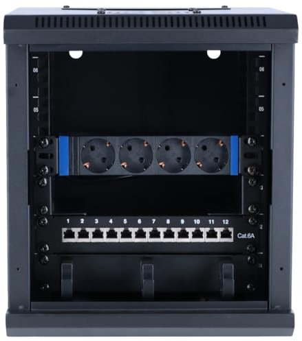 DSIT 10 Zoll Set: 6HE Netzwerkschrank zur Wandmontage – Rackschienen – Steckdosenleiste – Kabelführungsleiste – CAT6A STP Patchpanel