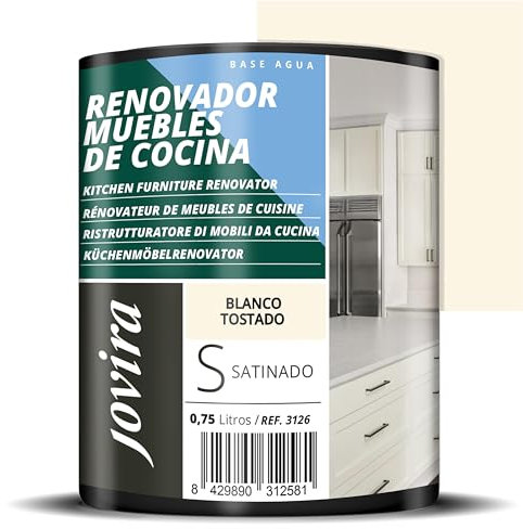 JOVIRA PINTURAS Pintura renovadora para Muebles de Cocina, acabado satinado al agua. Especial para renovar muebles de cocina, puertas, baños, etc. (750 Mililitros, Blanco Tostado) K-25