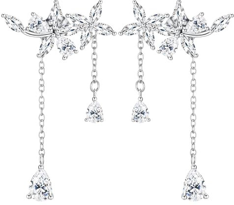 Adramata Ohrringe Silber Hängend 925 Sterling Silber Tropfen Ohrringe für Damen CZ Blumen Ohrringe Lange Quaste Kette Hängeohrringe, Hochzeit Braut Ohrhänger Baumeln Hängend Ohrringe,S