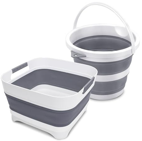 Goderewild 2024 Upgraded 2.4 Gal (9L) Collapsible Dish Basin with Drain Plug, Space Saving Multiuse Foldable Sink Tub, Dishpan, Beverage Tubs for Camping, Vegetable Washing, RV (Dishpan+Bucket)