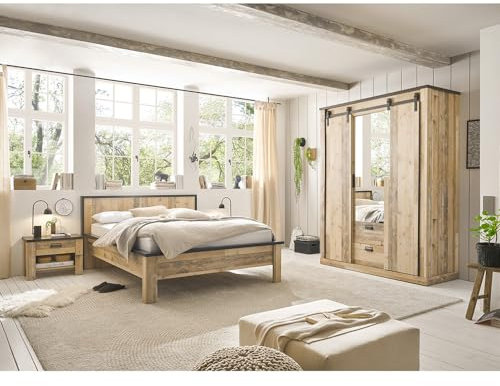 Lomadox Schlafzimmer Set 3-teilig Bett 140x200cm in Old Style hell mit anthrazit SHELTON-61
