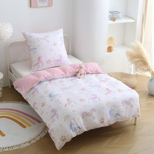 FEKOHIPY Bettwäsche 135x200 Mädchen Einhorn Kinderbettwäsche Rosa 3D-Druck Mikrofaser Kinder Bettbezug mit Reißverschluss und 1 Kissenbezug mit Umschlag 80x80cm 2-teiliges Kinderbettwäsche-Set
