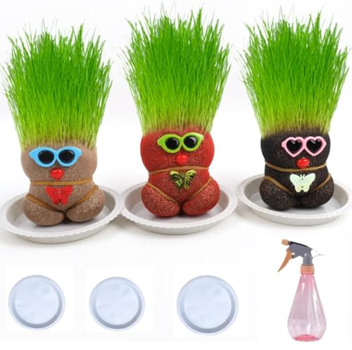 (3 Stück) Mini Bonsai Mückenabwehr, Puppe langes Gras, Mini-Bonsai, Graskopf-Pflanze, Graskopf-Puppe mit Tablett, Topfpflanze für Kinder, grüne Pflanze (Blüte)