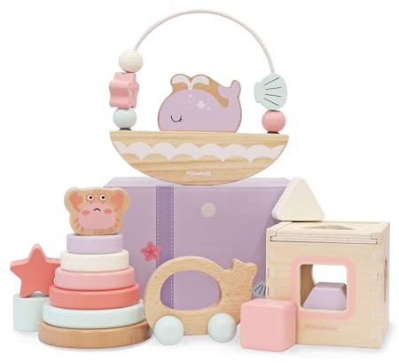 Pillowhale Montessori Spielzeug ab 1 Jahr, 4 In 1 Holzspielzeug Baby, Stapelturm Ringe, Formsortierer Spielzeug, Motorikschleife Mit Wippe, Holzautos Spielzeug, Motorikspielzeug Für Kinder Geschenk