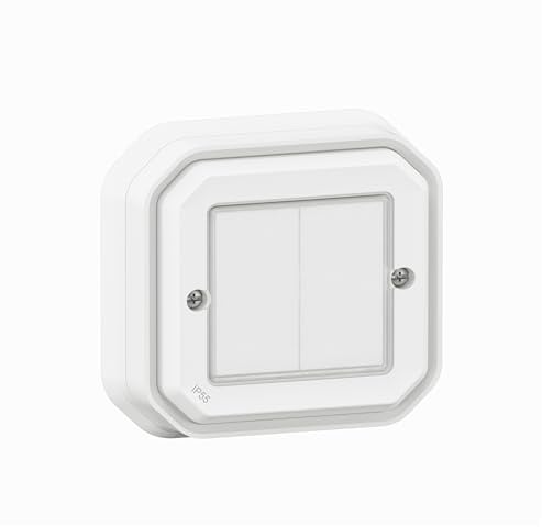 LEGRAND, Plexo New Feuchtraum-Connected-Smart-Home-Doppelschalter, Wandsender, Aufputz-Schalter, An-Aus, batteryless technology, Home+Control-App, IP55 - IK07 wasser- und stoßfest, Weiß, 069835L
