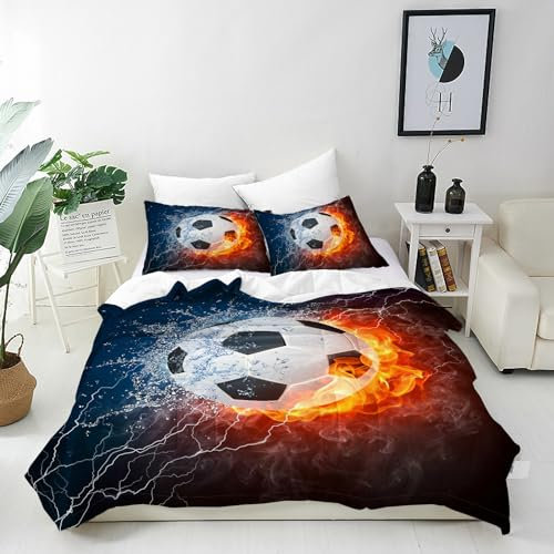 ANHOPE Sport Thema Flammen Fußball Bettwäsche Set Microfaser Bettbezüge mit Reißverschluss 2 Teilig Bettbezug 135x200 cm + Kissenbezug 80x80 cm Weich Bettdeckenbezug Set für Kinder Jungen Mädchen