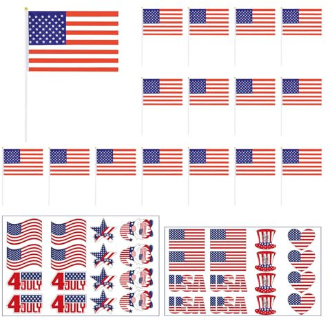 DHSBGWSX 15 mâts de drapeau américains, 32 autocollants américains, fanions décoratifs et drapeaux, petits bâtons colorés, petits drapeaux à main