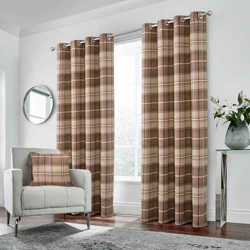 always4u Vorhänge in Wolloptik, kariert, modern, für Wohnzimmer, Schlafzimmer, 2 Paneele, hellkaffeefarben, 114,4 x 244,4 cm