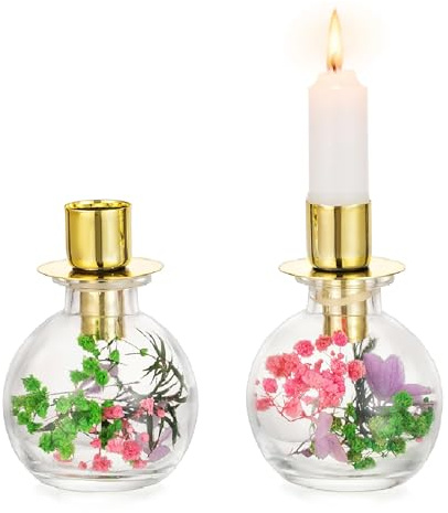 NUPTIO Kerzenhalter mit Trockenblumen Kerzenständer Stabkerzen: 2er Glas Stabkerzenhalter Geschenke für Frauen Tischdeko Esstisch Frühling Boho Deko Gold Kerzenhalter Weihnachten