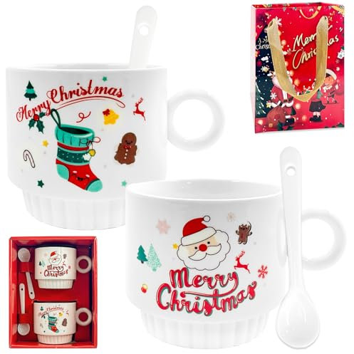 TaimeiMao Merry Xmas-Tazze Natalizie Set di 2 Tazze in Ceramica 260 ml, 2 Cucchiai+ Confezioni Regalo Portatili x1 - Babbo Natale e calza di Natale