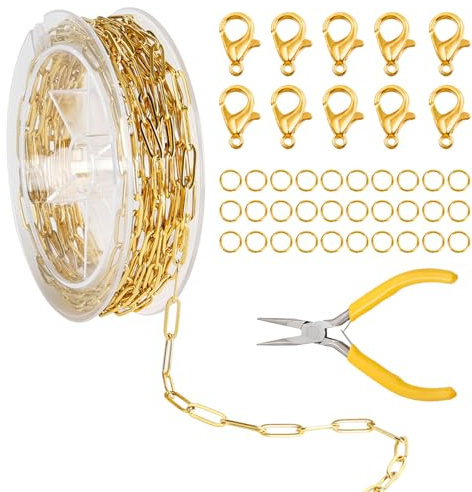 Gliederkette Gold zum Basteln 3.6m 14 x 4mm Büroklammerkette mit Pinzette, Edelstahl Schmuckkette mit 10 Karabinerverschluss und 30 Biegeringe für Halsketten Armbänder und Schmuckherstellung