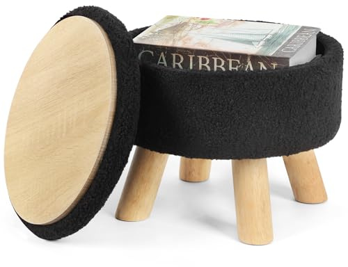 OGEMXU Ottoman-Fußhocker, Kleine Runde Ottomane mit Stauraum, Bouclé-Teddy-Samt-Fußhocker mit Holzbeinen, weiche hocker mit stauraum für Wohnzimmer, Schlafzimmer, (cremefarben) (Schwarz)