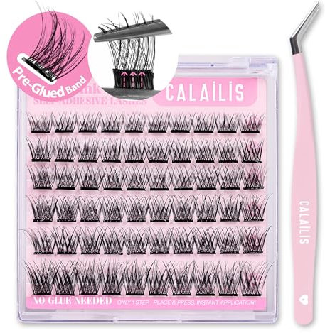 CALAILIS Selbstklebende Wimpern 60 Stück D Curl Druck auf Kein Kleber erforderlich Einzeln Wimpern Vorgeklebt Wiederverwendbares Kleberfreies Wimpern-Cluster-Set mit Pinzette für Anfänger (AC01,10-16)