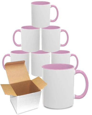Sublimation Mugs 11oz Blank with Coloured Large Handle & Inner with Box | Durable, Ceramic Orca Finished Mugs Perfect for Custom & DIY Printing, for Loved Ones | Pink Bulk Pack of 6