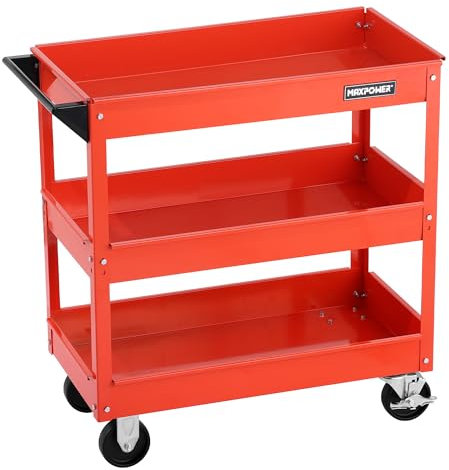 MAXPOWER Servante à Outils Métallique à 3 Niveaux – Chariot de Rangement Atelier & Garage – 72 x 36,5 x 66,3 cm – Capacité 450 kg – avec roulettes Pivotantes et Frein de Stationnement (Rouge)
