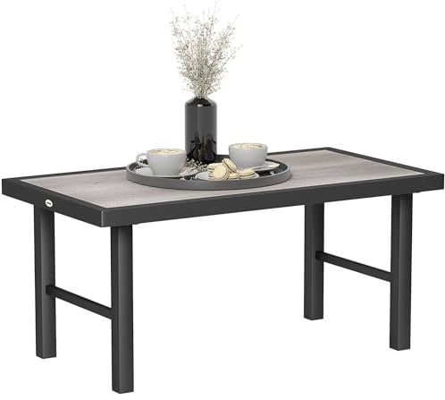 Outsunny Metal Garden Coffee Table, Outdoor Side Table with SPC Woodgrain Tabletop for Outside, Garden, Balcony, Porch, 100 x 53 x 46cm, Grey Wood Effect