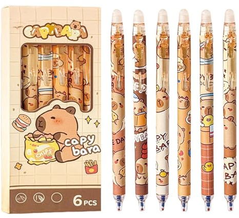 FloralGrace Entzückende löschbare einziehbare Stifte und Gelschreiber, Cartoon-Capybara-Stifte 0,5 mm, blaue Tinte, 6 Stück