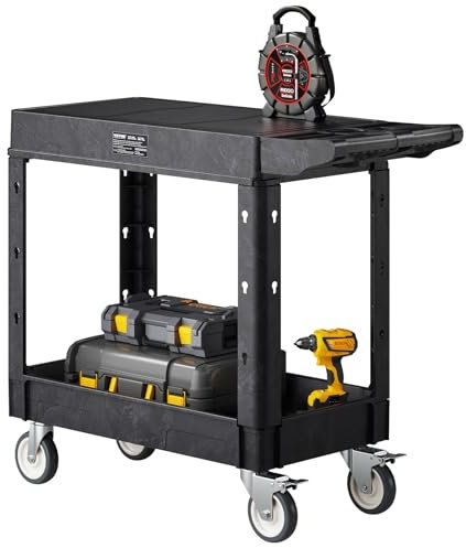 VEVOR Werkzeugwagen, 250 kg Tragkraft, Werkstattwagen, Mehrzweckwagen aus Kunststoff mit Zwei Ablagen & 360°-Lenkrollen (2 mit Bremse), geeignet für Lager, Garage, Reinigung, 1015x450x850 mm