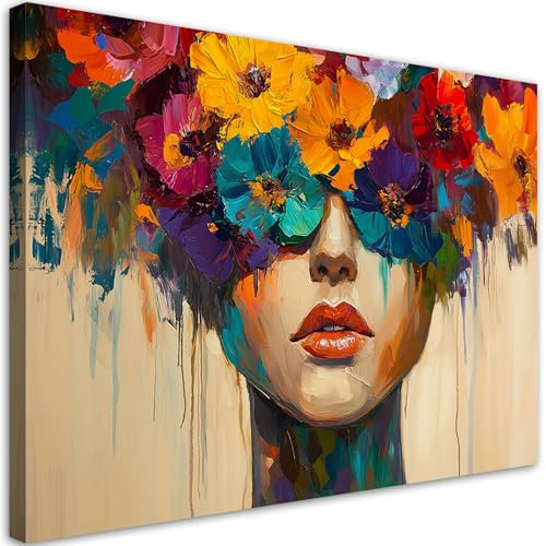 Feeby Quadro su Tela Non Tessuta - Stampa Su Tela - Donna con fiori in testa - 120x80 cm - Decorazione Murale - Moderno Soggiorno - quadri moderni soggiorno - poster