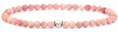 LAKADA Echtes Rhodonit Edelstein Armband mit facettierten 4mm Perlen und Edelstahlherz Heilstein Schutzstein Edelsteinarmband Glücksbringer Talisman Geschenk (Rhodonit, 15CM, S)