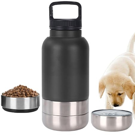 Ailan 3-in-1 Hundetrinkflasche aus Edelstahl und 2 integrierten Näpfen, auslaufsicherer, tragbarer Wasserspender für unterwegs, beim Wandern, Camping und für Outdoor Reisen (Schwarz, Groß)