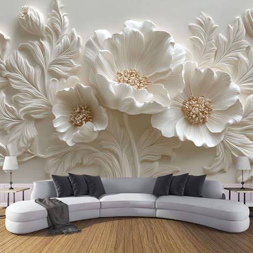 Vlies Fototapete Blütenblätter Blätter 3D Effekt 250×175cm(W×H) - Foto Tapete Schlafzimmer Wohnzimmer Moderne Vliestapete XL Wandtapete Motivtapeten 3d Relief Blumen Pflanzen Dekoration Weiß