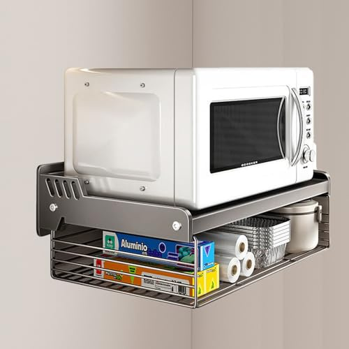 Kamanan Mikrowellen Regal Hängend, Mikrowelle Halterung Wand für Küche, 2-stufiger Wandhalterung Mikrowelle Halterung, Wandmontage Mikrowellenofen Regal Rack für die Küche zu Hause, Schwarz