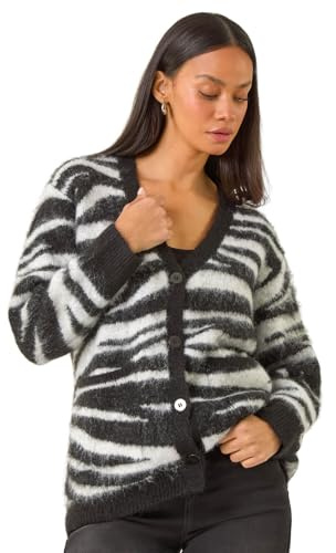 Roman Originals Colour Block Fluffy Knit Cardigan for Women UK - Ladies Everyday Autumn Winter V-Neckline Comfy Soft Evening Vacation Work Party Night Out - Black - Size 14