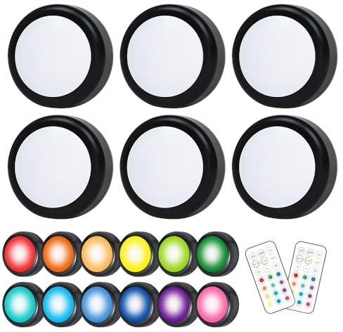 Jonuin Under Cabinet Lights, 6PCS Battery Operated LED Puck Lights with Remote Control, 13 Colour Changing Stick on Light with Adjustable Brightness & Timer for Under Cupboard, Wardrobe, Closet, Shelf