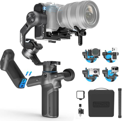 FeiyuTech SCORP Mini 3 Pro [Kit] AI Tracking Camera Stabilizer with Bag+Fill Light+Extension Pole, Detachable Remote Handle, 4.4lbs Payload All in One Gimbal Stabilizer for Camera & Smartphone