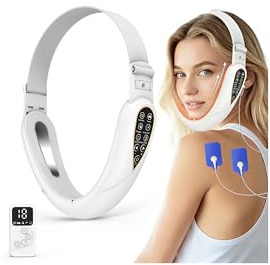 Elektrisches V-Face Shaping Massager, EMS Facelifting Gerät, 5 Modi, 5 Intensitätsstufen, Blau Rotlichtlampe Gesicht Gesichtsmassagegerät, V Shape Face Doppelkinn Reduzierer mit Fernbedienung, Weiß