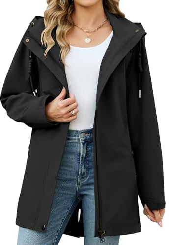 CMTOP Veste Femme mi Saison Softshell Imperméable, Coupe-Vent Parka à Capuche Amovible, Décontracté Longue Blouson Légère Manteau avec Poches pour Printemps et Automne(Noir,M)