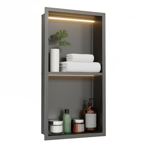 Wandnische Dusche mit 4000K LED-Beleuchtung 63×33×10,2 cm, 304 Edelstahl Schwarz Eingebettete Duschnische mit Regal für Shampoo & Duschgel, Wasserdicht & Rostfrei Einbaunische für Badezimmer