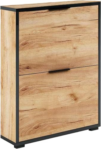 MEBLE GRZYBEK Schuhschrank 76x66x18 cm im Loft-Stil - Praktische Schuhkipper mit 2 Klappen für Optimale Schuhaufbewahrung - Schuhregal mit Laminierte Holzplatte Gold Eiche