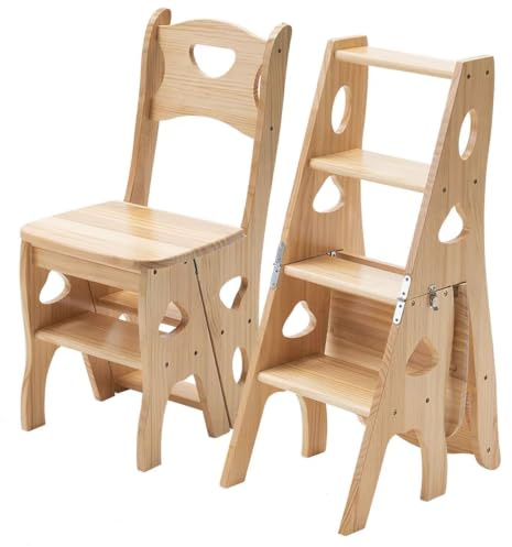 RASJCGRCOA Sedia Scaletta in Legno Massello 2 in 1, Sgabello Trasformabile in Scaletta, Mobile Multifunzione Pieghevole per Cucina e Camera da Letto, Scaletta Libreria in Legno(Natural Wood)