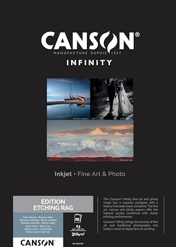CANSON Infinity Edition Etching Rag Smooth 310gsm A3 Paper, Digital Fine Art Reproduction, 25 Pure White Sheets, Ideal for Professional Photographers