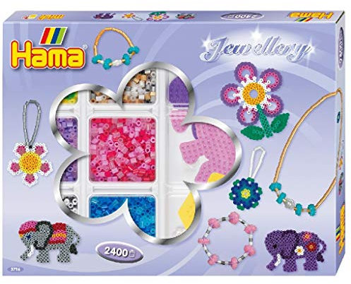 Hama Perlen 3716 Kreativbox Schmuck mit ca. 2.400 bunten Midi Bügelperlen mit Durchmesser 5 mm, 3 Stiftplatten, inkl. Bügelpapier, kreativer Bastelspaß für Groß und Klein
