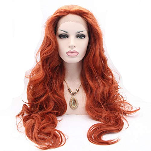 Xiweiya Perücken 360#Color Drag Queen, Rotbraun, lang, gewellt, synthetisches Kupfer, rote Lace-Front, hitzebeständige Faser-Perücke