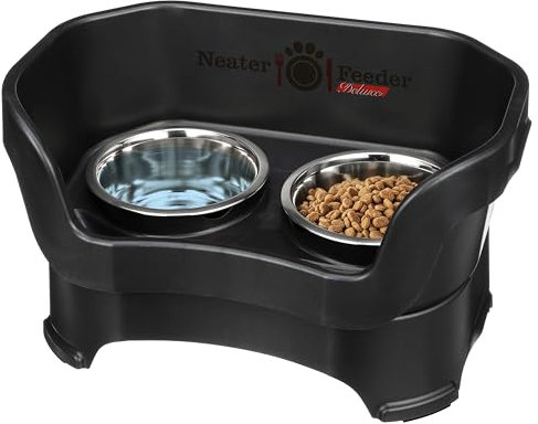 Neater Feeder - Deluxe Model - Mess-Proof Dog Bowls (Medium, Midnight Black) - Made in USA - Elevated, No Spill, Non-Tip, Non-Slip, Raised Stainless Steel Food & Water Pet Bowls
