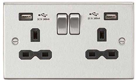 13A 2G Switched Socket Dual USB Charger (2.4A) with Black Insert - Square Edge Brushed Chrome