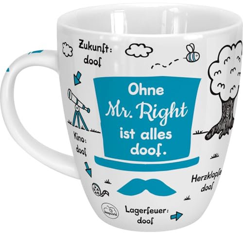 Tasse Ohne Mr. Right ist alles doof.: Kaffeetasse mit Motivdruck, Blau