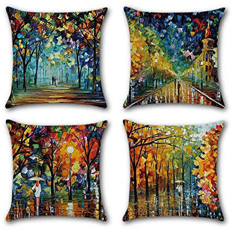 Gspirit Housse de Coussin, Lot de 4 en Coton et Lin La Peinture Érable Chemin Modèle Décoratif Taie d'oreiller Décoration pour Canapé Chambre Maison 45 x 45 cm