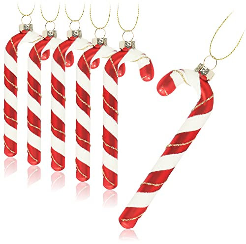 com-four® 6X Christbaumanhänger Zuckerstange - Christbaumschmuck zum Anhängen - Weihnachtskugel in Zuckerstangen-Form (rot/weiß/goldfarben Glas - 6 Stück)