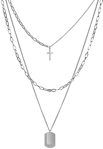 JewelryWe Schmuck Halskette Herren Damen Edelstahl Kreuz Dog Tag Erkennungsmarke Anhänger mit Gravur Mehrreihige Mehrschichtige Kette Choker für Männer Frauen Silber