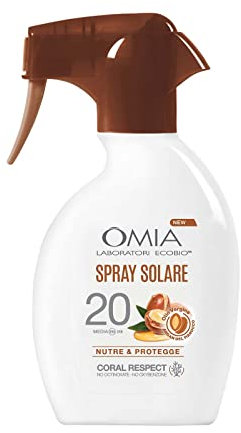 Omia - Spray Solare Protettivo SPF20 Viso e Corpo con Olio di Argan del Marocco, Protezione Solare Bassa, Per Pelli Moderatamente Scure e Olivastre, Flacone da 200 ml