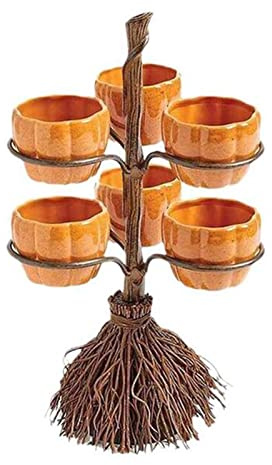 SPORTARC Bol à goûter en forme de citrouille d'Halloween pour servir des collations, des salades, des desserts avec plateau de support, panier à bonbons d'Halloween pour décoration de balai