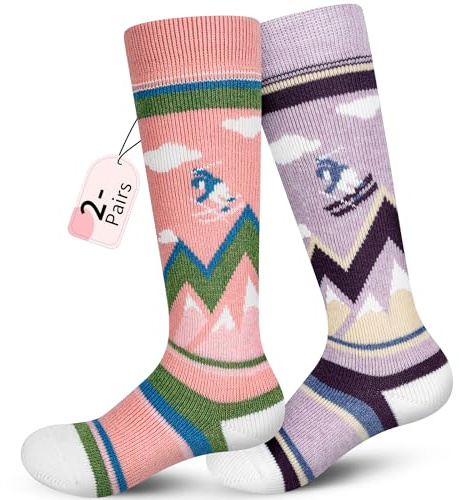 unenow Merino Wool Ski Socks Kids 2 Pairs, Winter Warm Snowboarding Thermal Socks for Boys Girls Toddlers