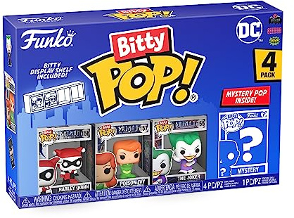 Funko Bitty POP! DC Comics - Harley Quinn, The Joker, Poison Ivy + Mystery | Official Superheroes Merch - Tiny 0.9 inch Figures with Display Shelf - Cake Topper, Party Bag and Stocking Filler Gift