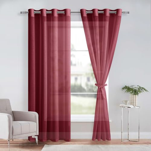 DWCN Vorhänge Weiß Voile mit Ösen Gardine Sheer Transparente aus Voile Polyester Ösenschal Transparent Wohnzimmer 2er Set, Weinrot, 260x140cm(HxB)